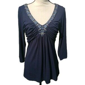 White House Black Market Blue 3/4 Sleeve Bead V-Neck Ruched Babydoll  SM Top EUC